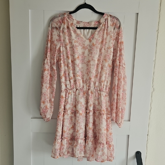 Floral Pink Tiered Chiffon Dress - Picture 2 of 5